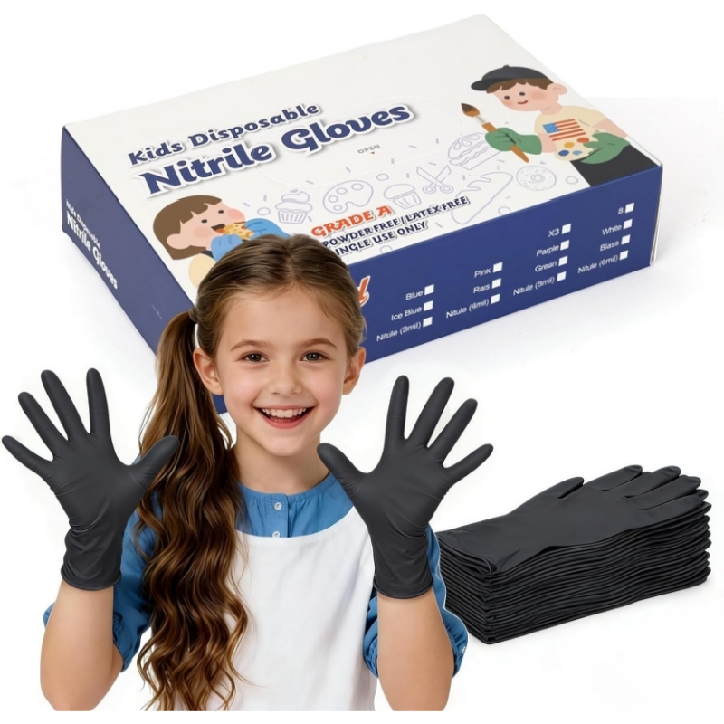Nitrile Mechanic Glove - Kids Black Nitrile Disposable Gloves for