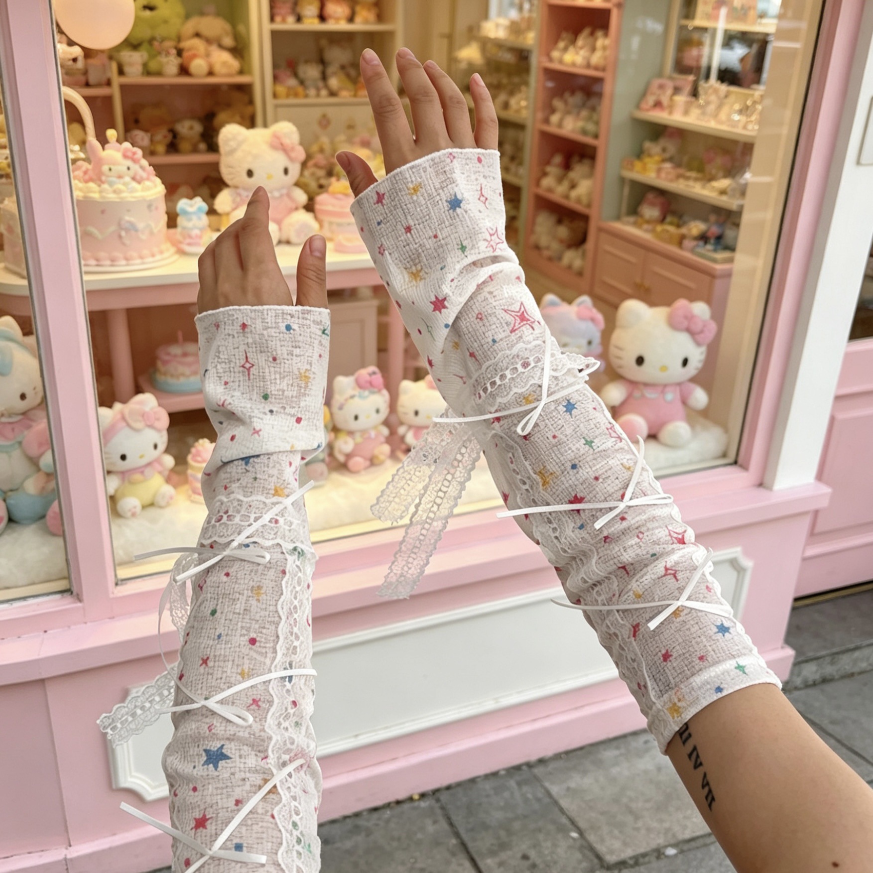 Fingerless Glove Knit - Kawaii Star Print Lace Arm Sleeves