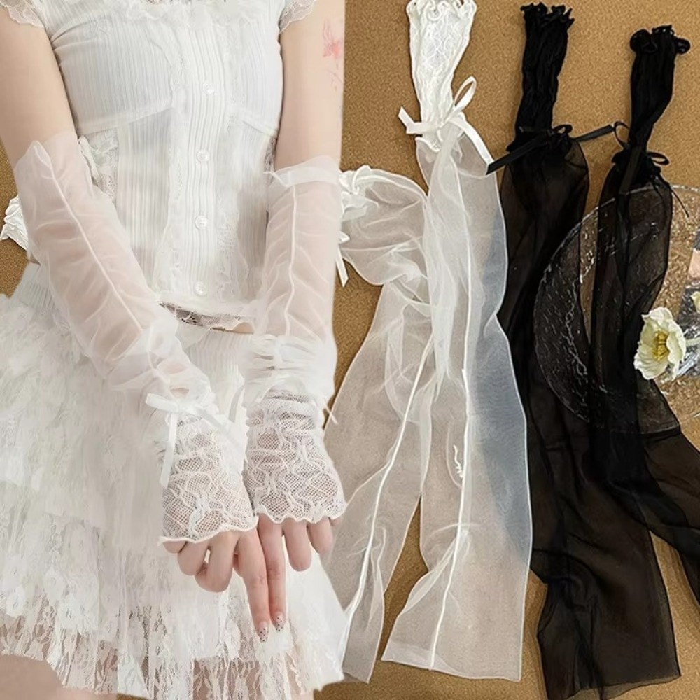 Y2K Lace Ruffle Mesh Gloves Bo - огляд і ціна Fingerless Glove Knit